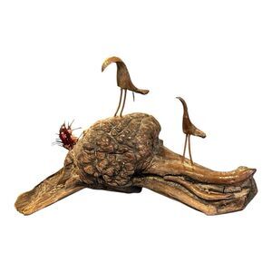 Vtg Burl Wood Driftwood Art Statue Pinecone Birds Copper Wire Legs Decor‎